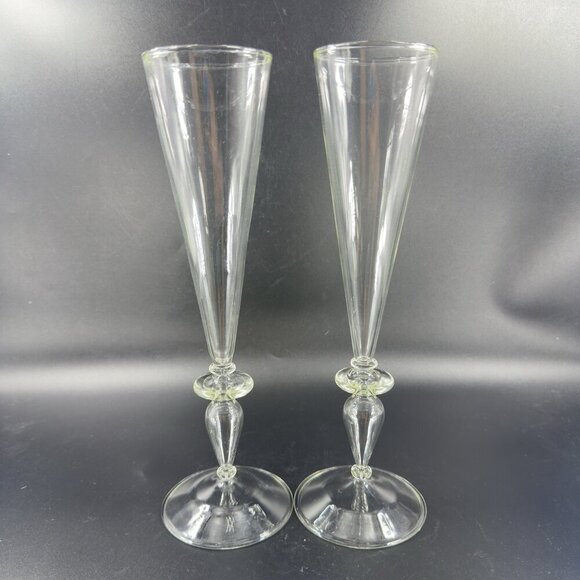 Venetian Clear Glass Champagne Flute Glasses Tall Elegant Delicate Italy Set 2 - Picture 11 of 14